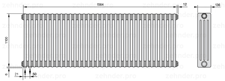 Схема (чертеж) Радиатор Zehnder Charleston 4110/34 №3370 Белый глянцевый RAL 9016